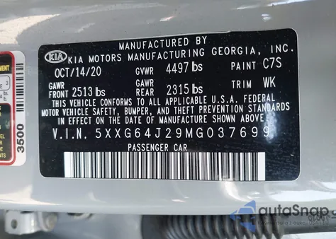 2021 Kia K5 Gt-Line z USA, uszkodzony, nr VIN 5XXG64J29MG037699